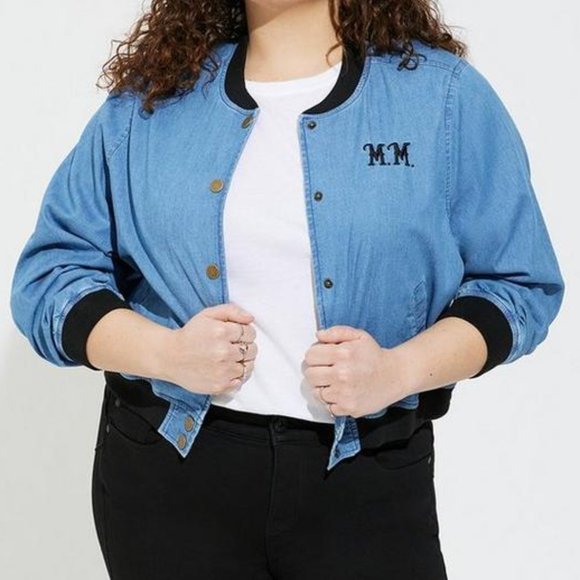 ❤️NWT VINTAGE TORRID DISNEY CROP BOMBER JACKET - MICKEY MOUSE DENIM AMERICANA - Picture 2 of 10